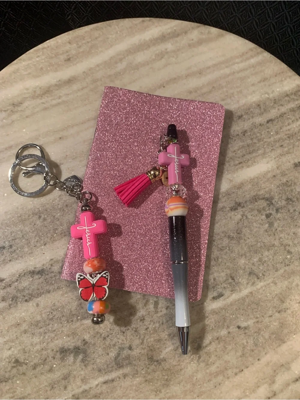 Pink Beaded Pen and Keychain Set with Cross Charm